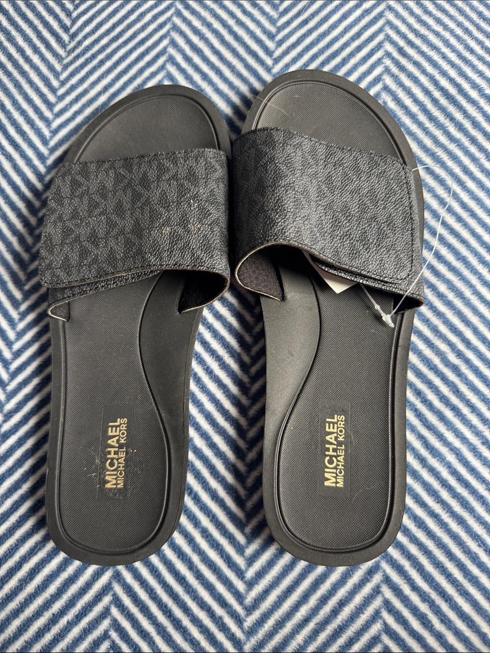 Michael Kors Black Logo Slide Sandals with Gold Logo